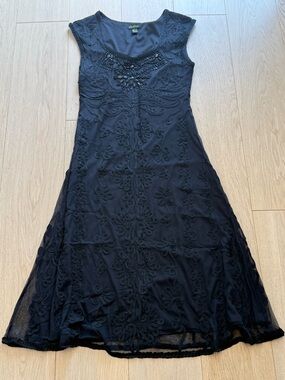 BNWOT Cartise Embroidered Black Midi Dress Beaded Neckline Sheer Overlay Vintage